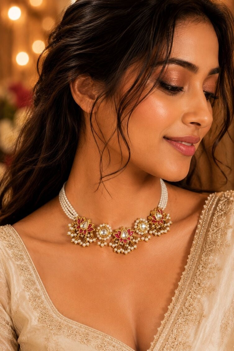 Red Lotus Pearls Kundan Choker Necklace