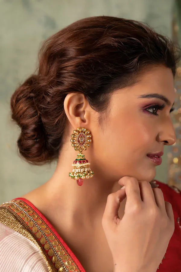 Red & Green Flower Pearls Drops Jhumki