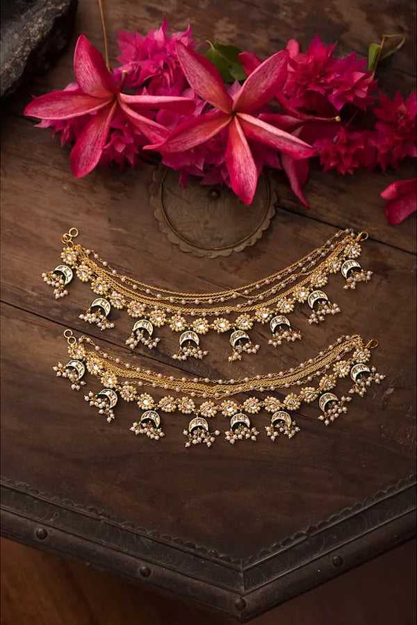 Gold Finish Kundan Chand Biya Pearls Drops Anklet
