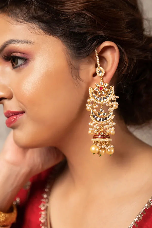 Red Center Chand Kundan Meenakari Jhumki Earrings
