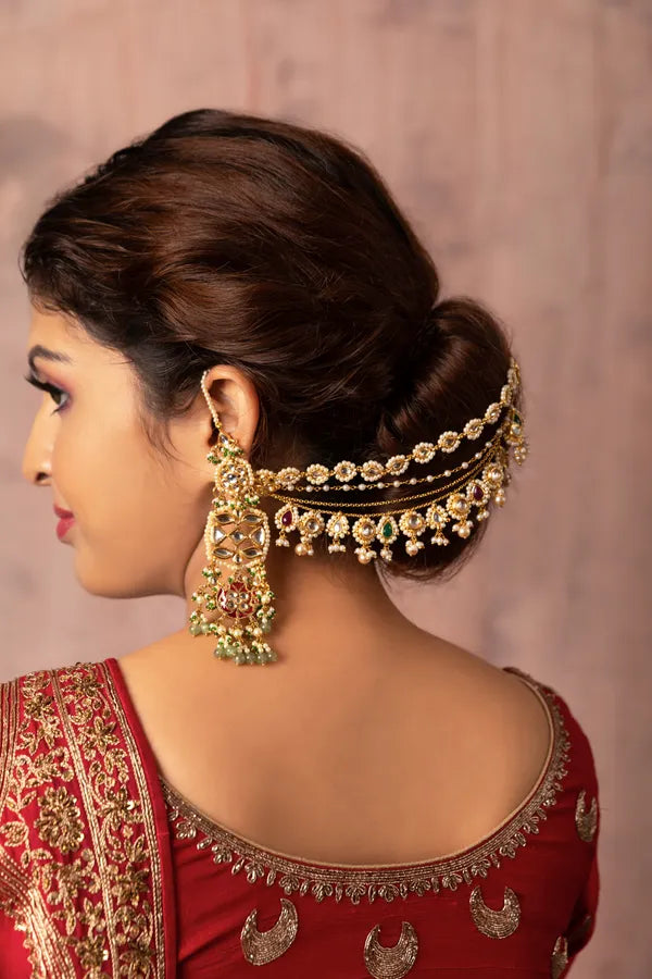 Gold Finish Red Green Kundan Biya Kaan Saharas With Pearls