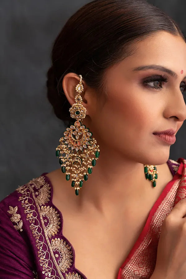 Green Center Chand Kundan With Emerald Drops Chandbali Earrings