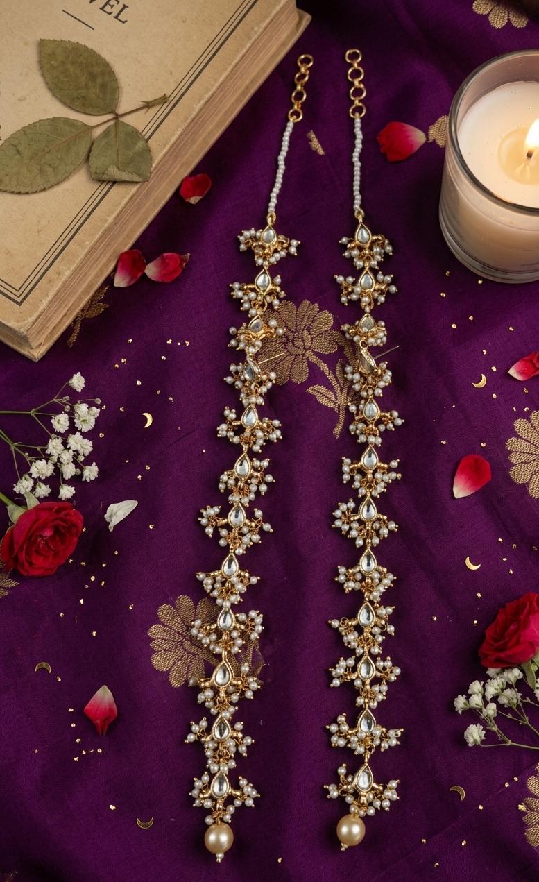 Gold & White Biya Kundan Dangler Earrings