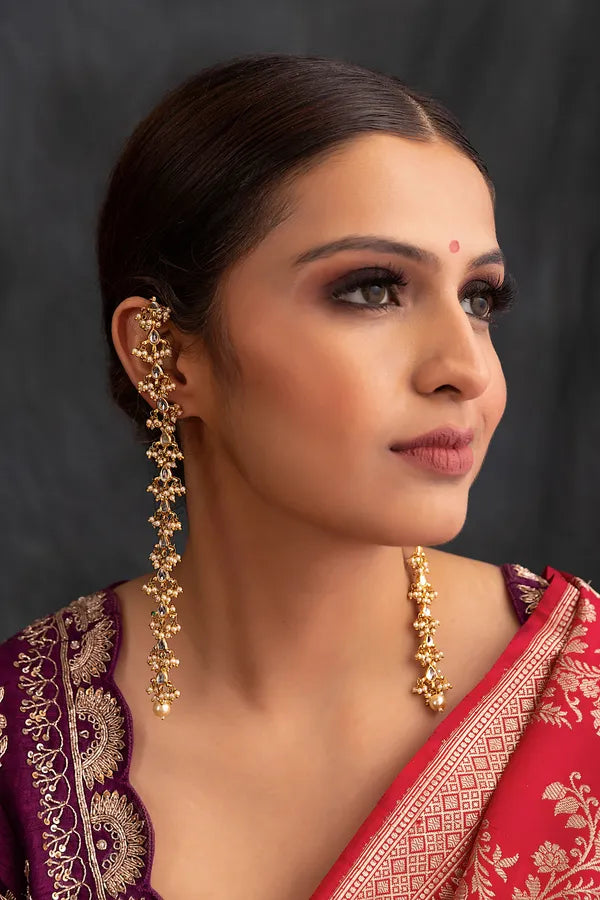 Gold & White Biya Kundan Dangler Earrings
