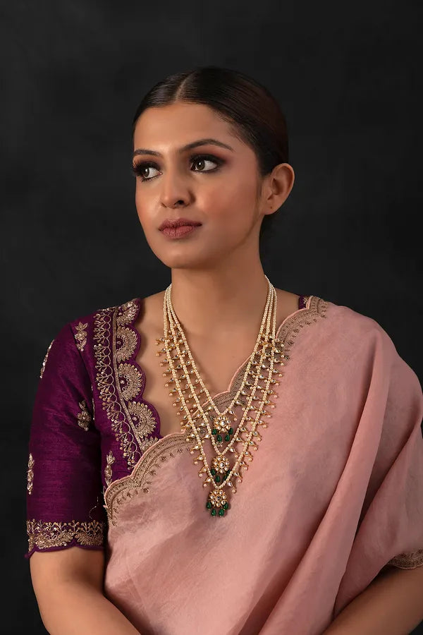 White Kundan Flower Three Lines Emerald Necklace