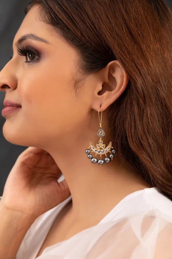 Dual Tone Zirconia Grey Pearls Chand Earrings