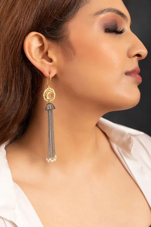 Dual Tone Silver Chain Pearls Danglers Earrings