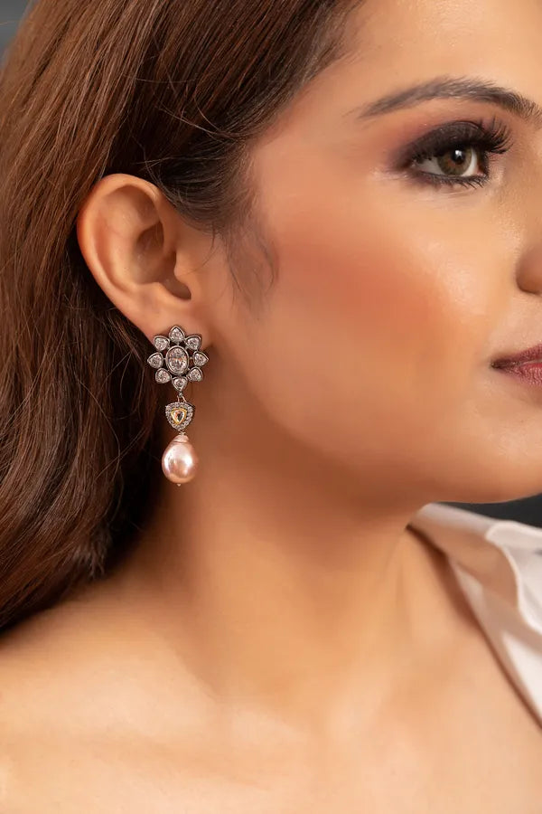 Zircon Flower With Triangle & Baroque Drop Earrings