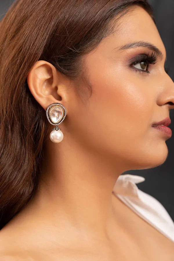 Dual Finish Zircon Mega Polki Pearl Drop Stud Earrings