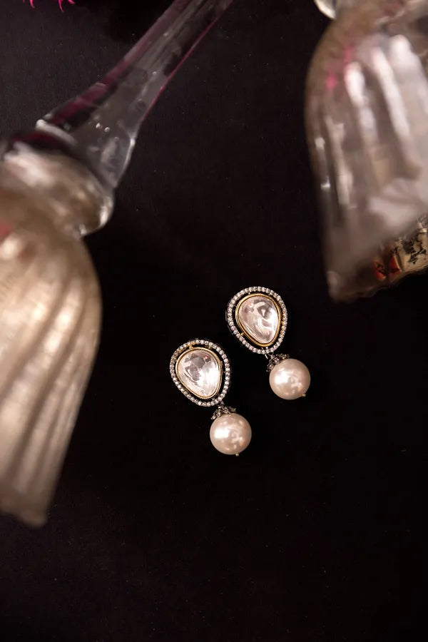 Dual Finish Zircon Mega Polki Pearl Drop Stud Earrings
