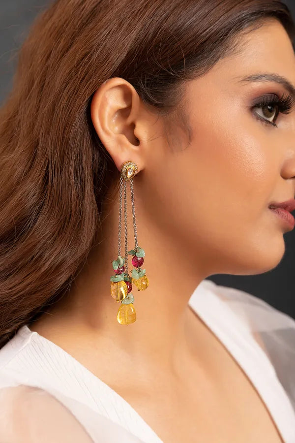 Green & Pink Zircon chained Danglers With yellow Citrine Drops Earrings