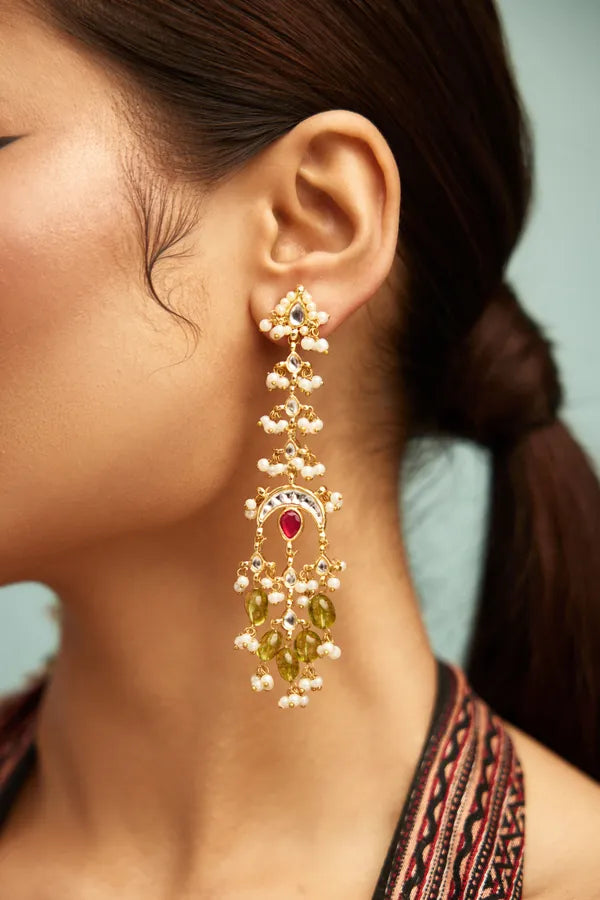Gold Finish Red Kundan Peridot Drop Pearl Dangler Earrings