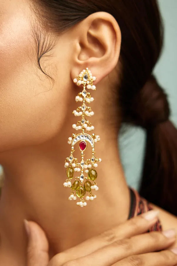 Gold Finish Red Kundan Peridot Drop Pearl Dangler Earrings