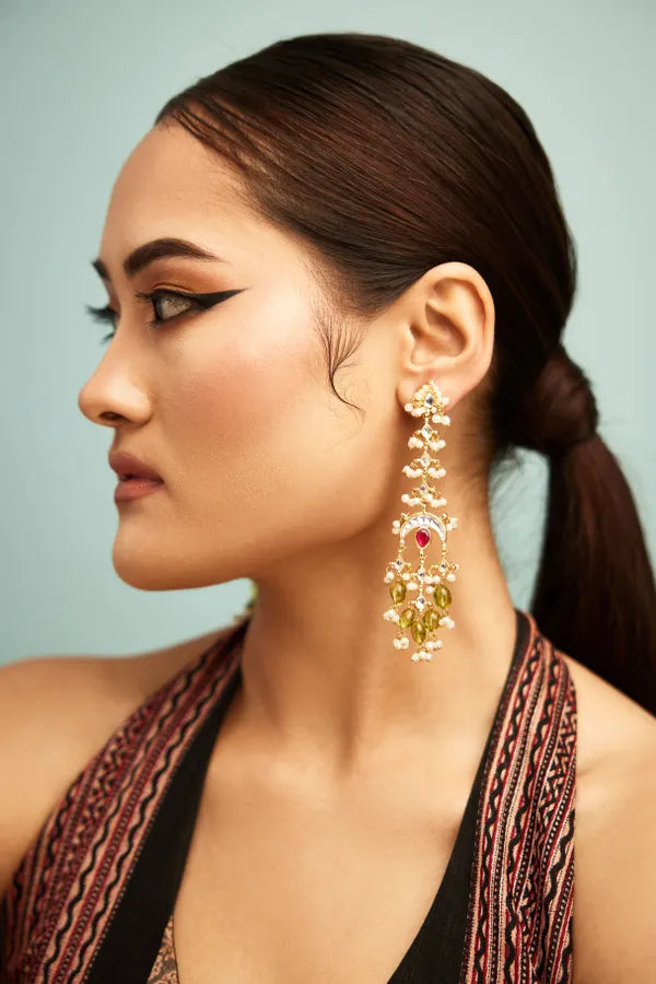 Gold Finish Red Kundan Peridot Drop Pearl Dangler Earrings