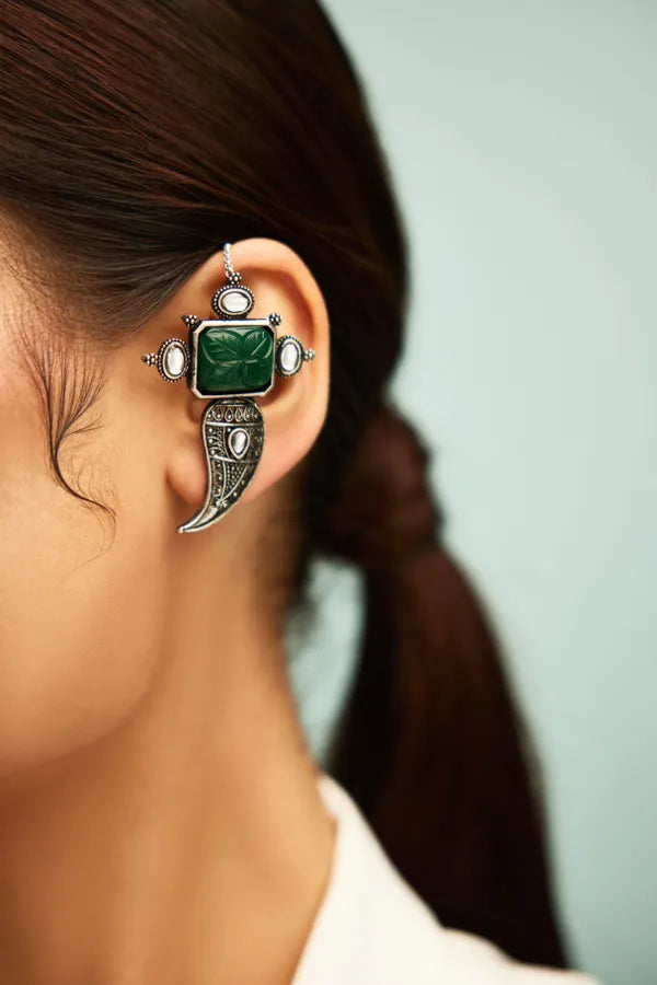 Silver Finish Carved Green Center Earcuffs