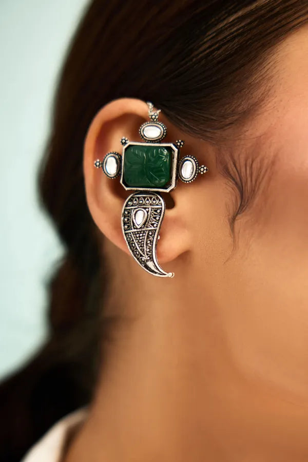 Silver Finish Carved Green Center Earcuffs