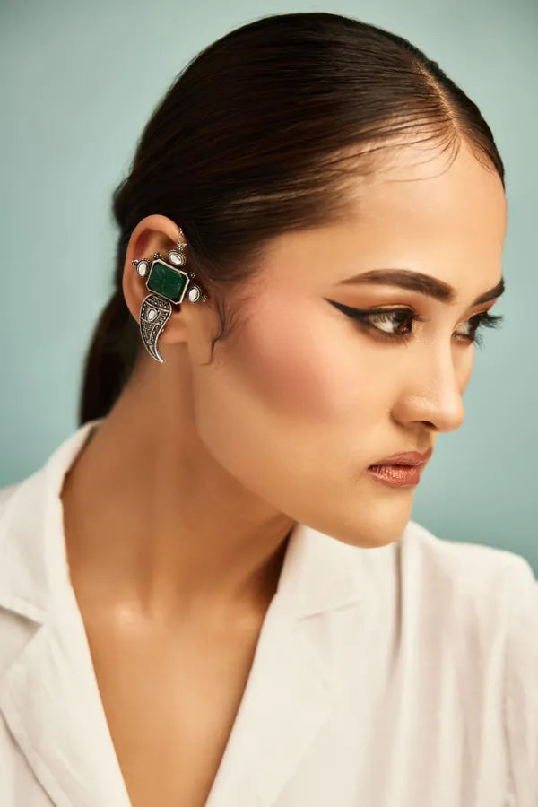 Silver Finish Carved Green Center Earcuffs