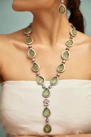 Statement Carved Green Stone Zirconia Necklace