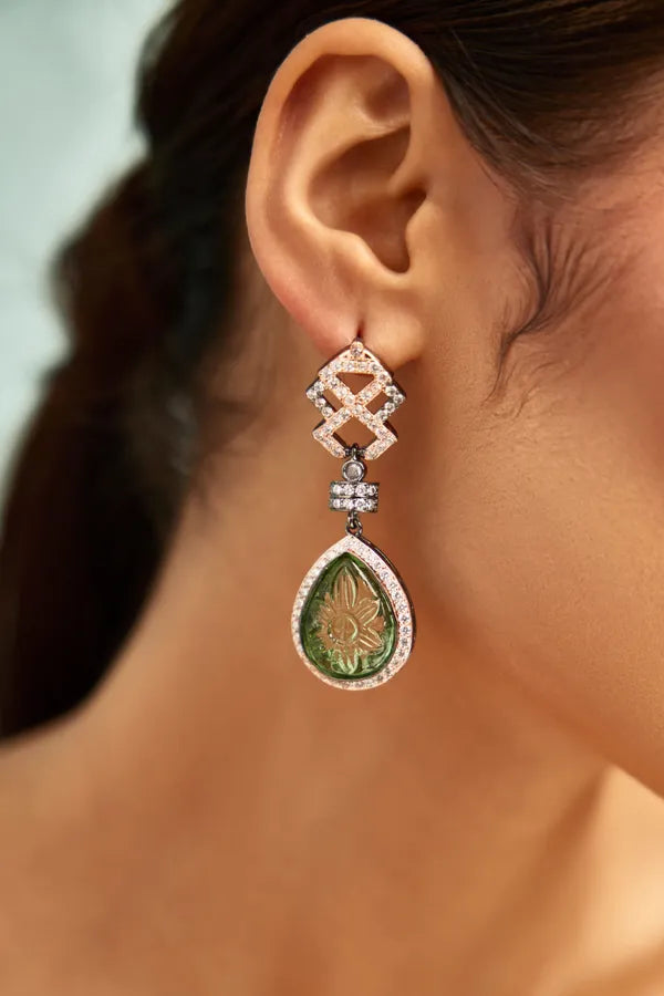 Statement Carved Green Stone Zirconia Earrings