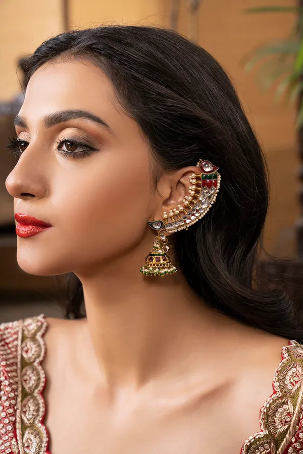 Red & Green Kundan Jhumki Earrings
