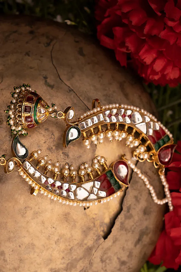 Red & Green Kundan Jhumki Earrings