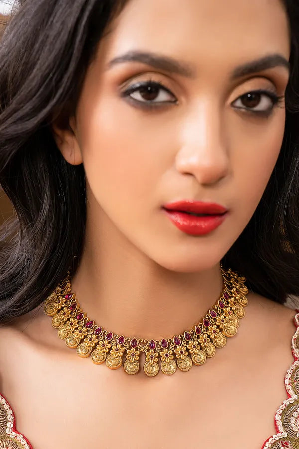 Statement Red & Gold Flower Kundan Choker Necklace