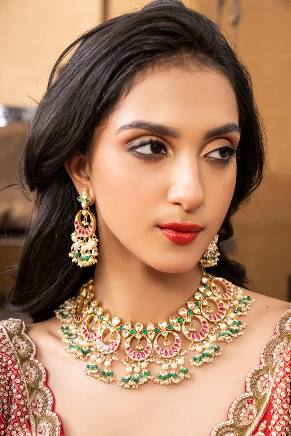Statement Red Kundan Green Pearls Necklace