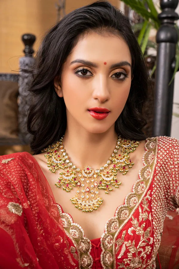 Statement Red Kundan Gold Chand Necklace