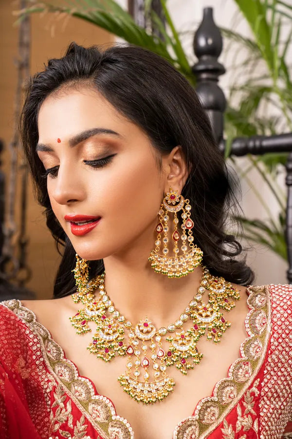 Statement Red Kundan Gold Chand Earrings