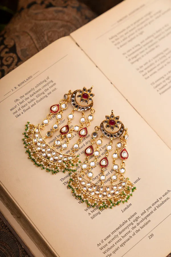 Statement Red Kundan Gold Chand Earrings