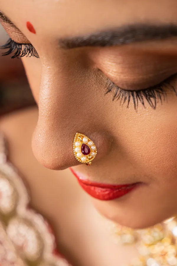 Gold Finish Red Kundan White Pearl Nath