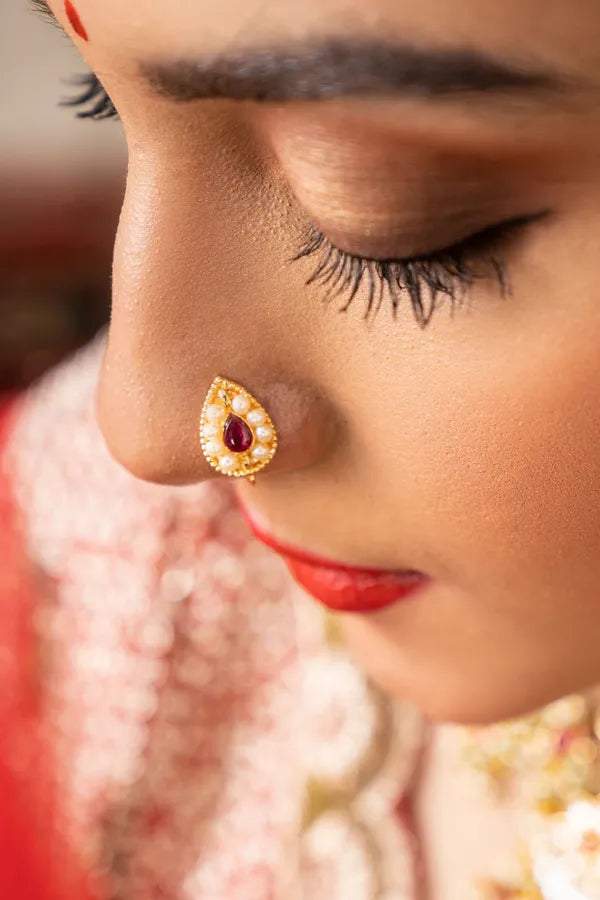Gold Finish Red Kundan White Pearl Nath