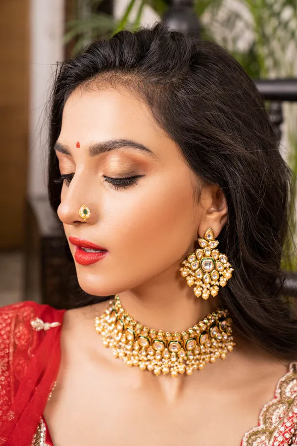 Gold Finish Green Kundan White Pearl Nath