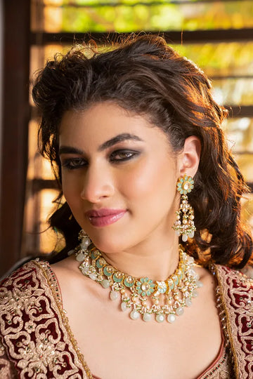 Mint Green Kundan Flower Chand Necklace