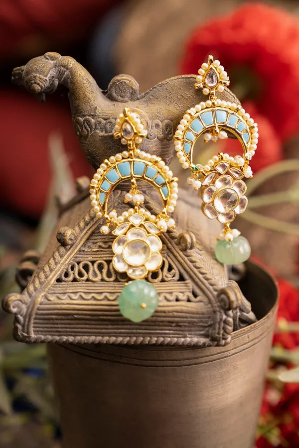 Gold & Feroza Chand Pearls Earrings