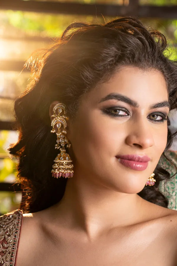 Statement Gold & White Chand Tourmaline Drops Jhumki Earrings