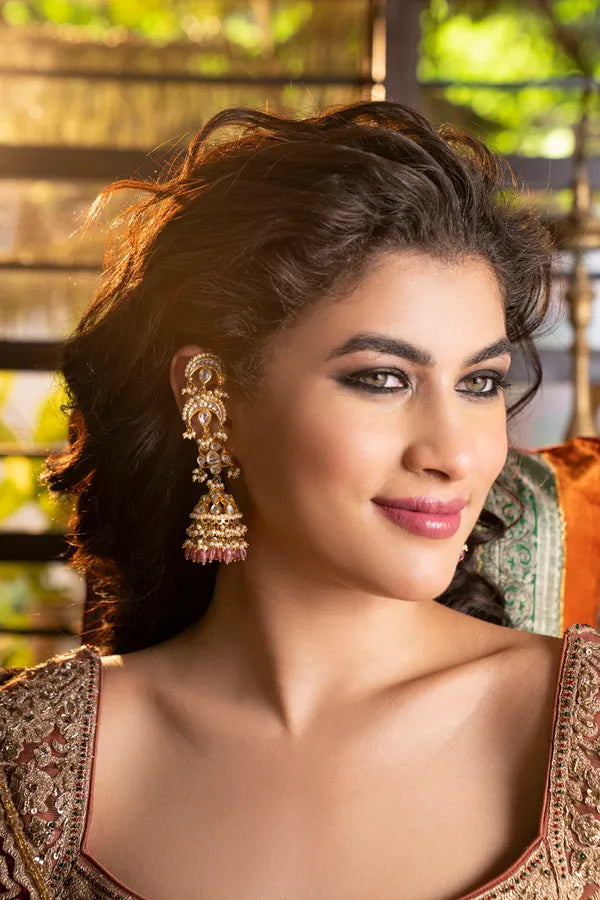 Statement Gold & White Chand Tourmaline Drops Jhumki Earrings