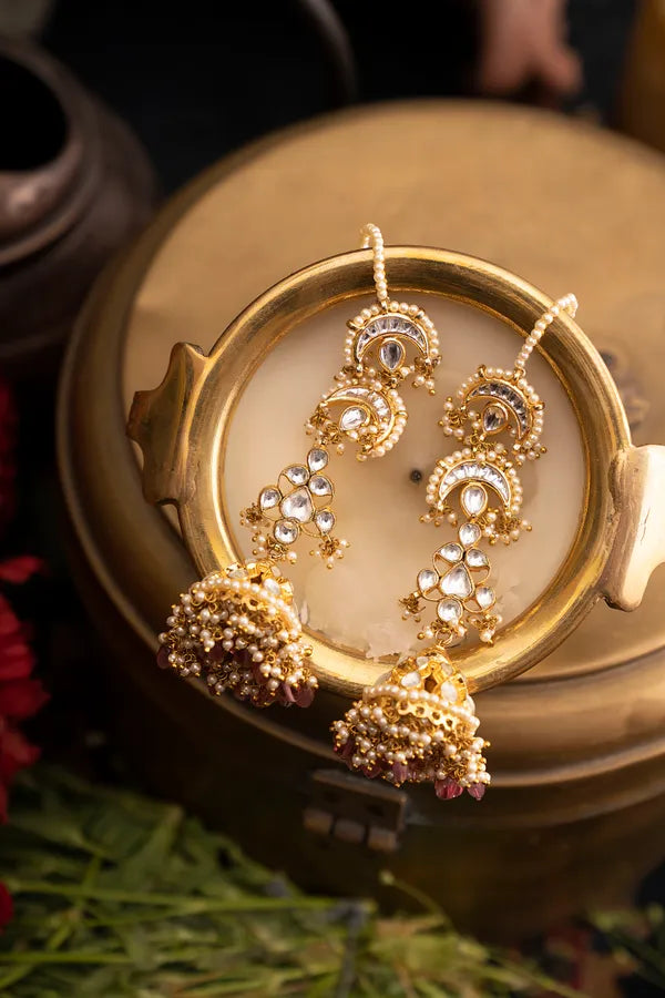 Statement Gold & White Chand Tourmaline Drops Jhumki Earrings
