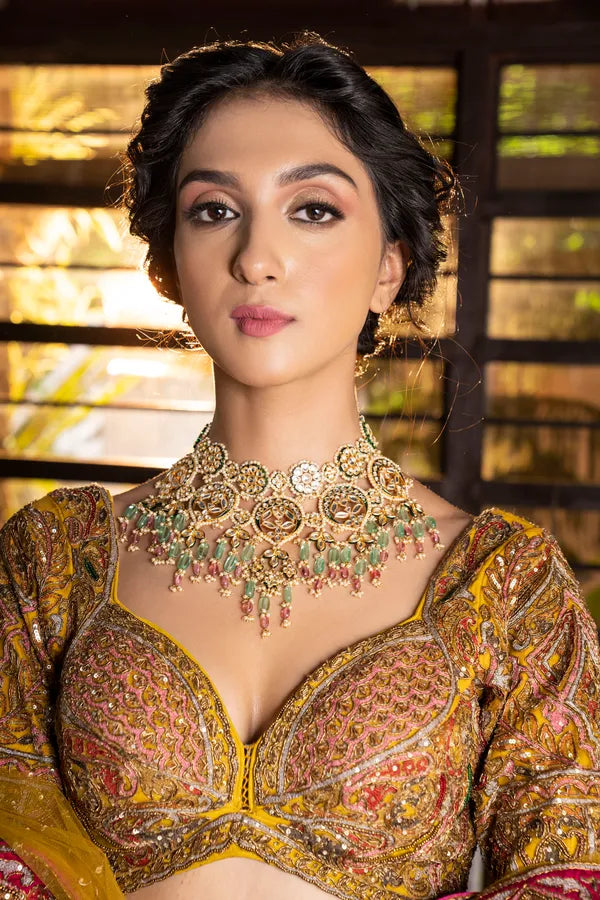 Statement Gold & White Bridal Necklace With Green & Tourmaline Drops