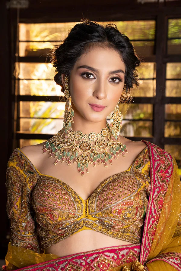 Statement Gold & White Bridal Necklace With Green & Tourmaline Drops