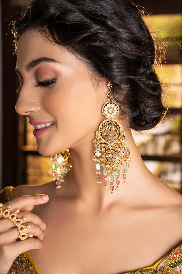 Statement Gold & White Bridal Earrings With Green & Tourmaline Drops