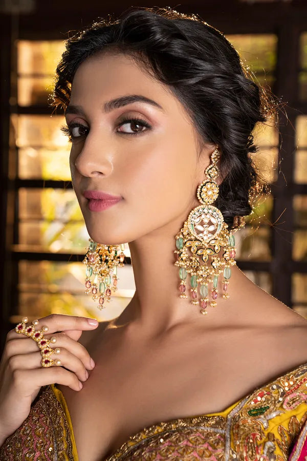 Statement Gold & White Bridal Earrings With Green & Tourmaline Drops