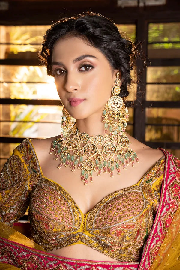 Statement Gold & White Bridal Earrings With Green & Tourmaline Drops