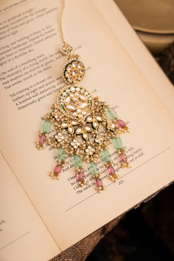 Statement Gold & White Bridal Earrings With Green & Tourmaline Drops