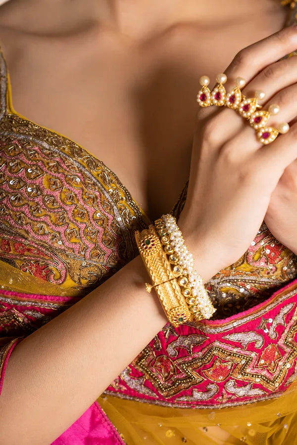 Pink & Green Kundan Gold Kada With Pearls