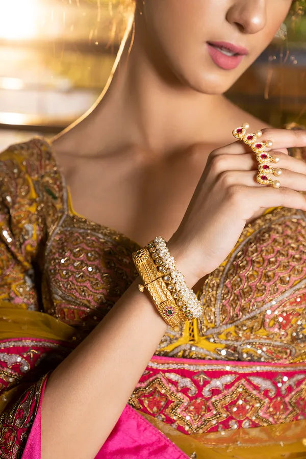 Pink & Green Kundan Gold Kada With Pearls