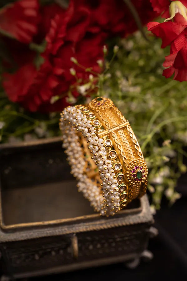 Pink & Green Kundan Gold Kada With Pearls