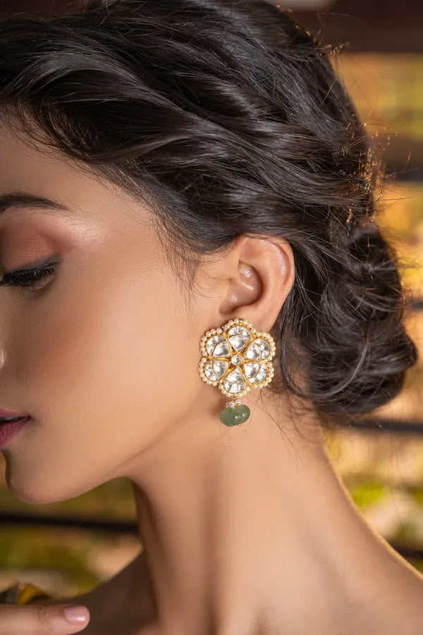 Gold & White Flower With Pearls Green Drop Earrings
