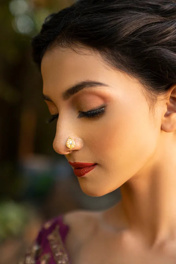 Gold Finish White Kundan Pearl Nath
