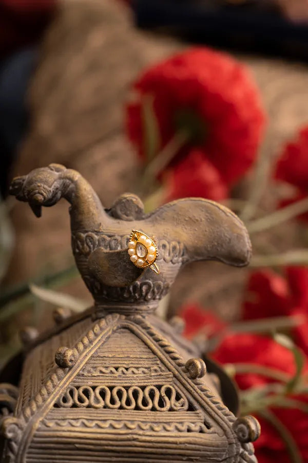 Gold Finish White Kundan Pearl Nath